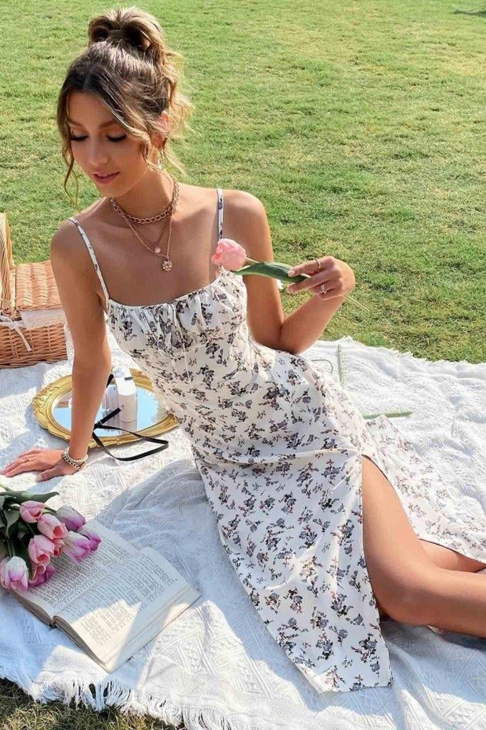 Kadın Ip Askılı Yakadan Bağcıklı Desenli Süprem Elbise