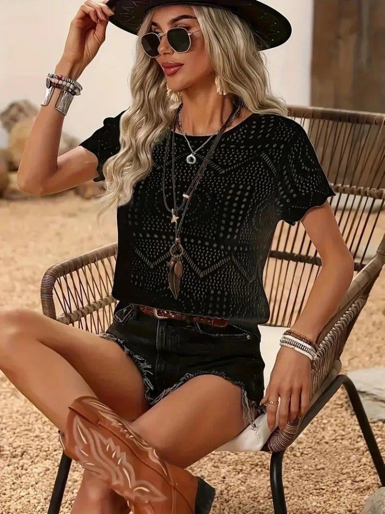 Kadın Kısa Kollu Bisiklet Yaka Desenli Triko Bluz