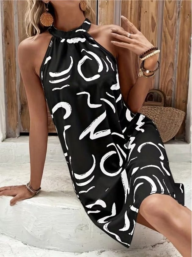 Kadın Omuzlardan Acık Boyun Halka Yakalı Desenli Kısa Süprem Elbise