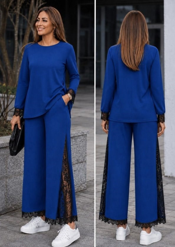 Kadın Uzun Kollu Bisiklet Yakalı Dantel Detaylı Viskon Iki Iplik Bluz Ve Pantolon Ikili Takım