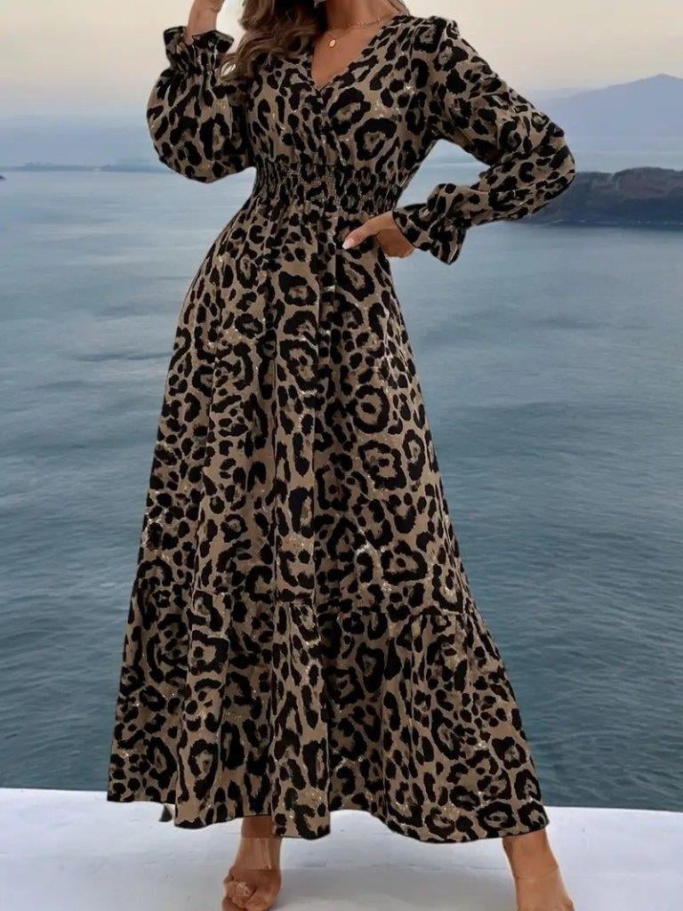 Kadın Uzun Kollu Kruvaze Yaka Leopar Desenli Uzun Süprem Elbise