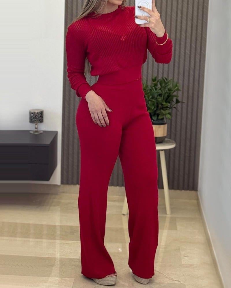 Kadın Uzun Kollu Yuvarlak Yaka Transparan Detaylı Triko Bluz Ve Pantolon Ikili Takım