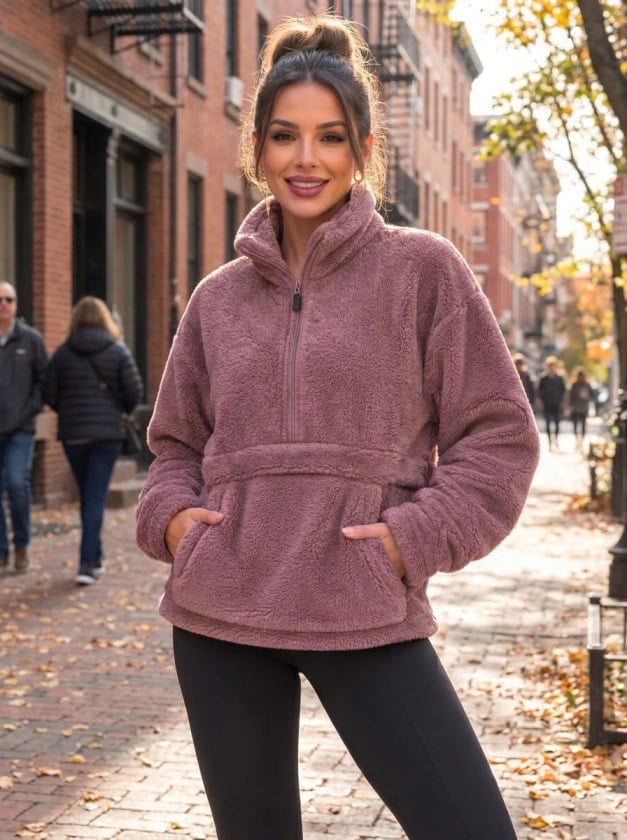 Kadın Yarım Fermuarlı Kanguru Cepli Peluş Wellsoft Sweatshirt