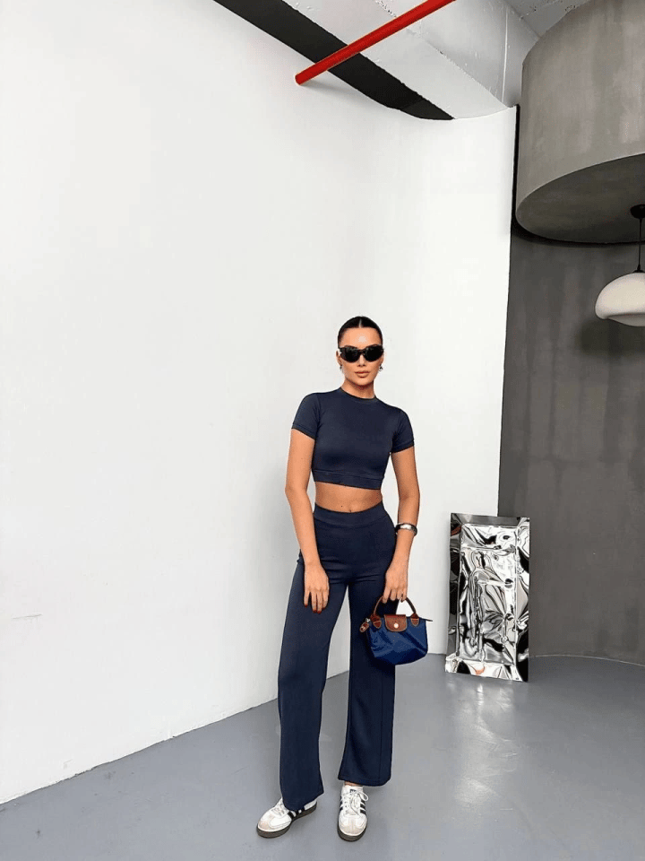 Osy Modal Yumuşak Dokulu Kumaş Kısa Kollu Crop Alt Ispanyol Paça Pantalon Ikili Takım - Füme