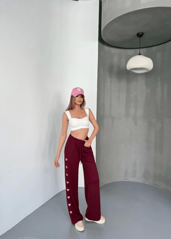 Osy Modal Yumuşak Dokulu Kumaş Nakış Işlemeli Rahat Bol Paça Eşofman Pantalon - Bordo