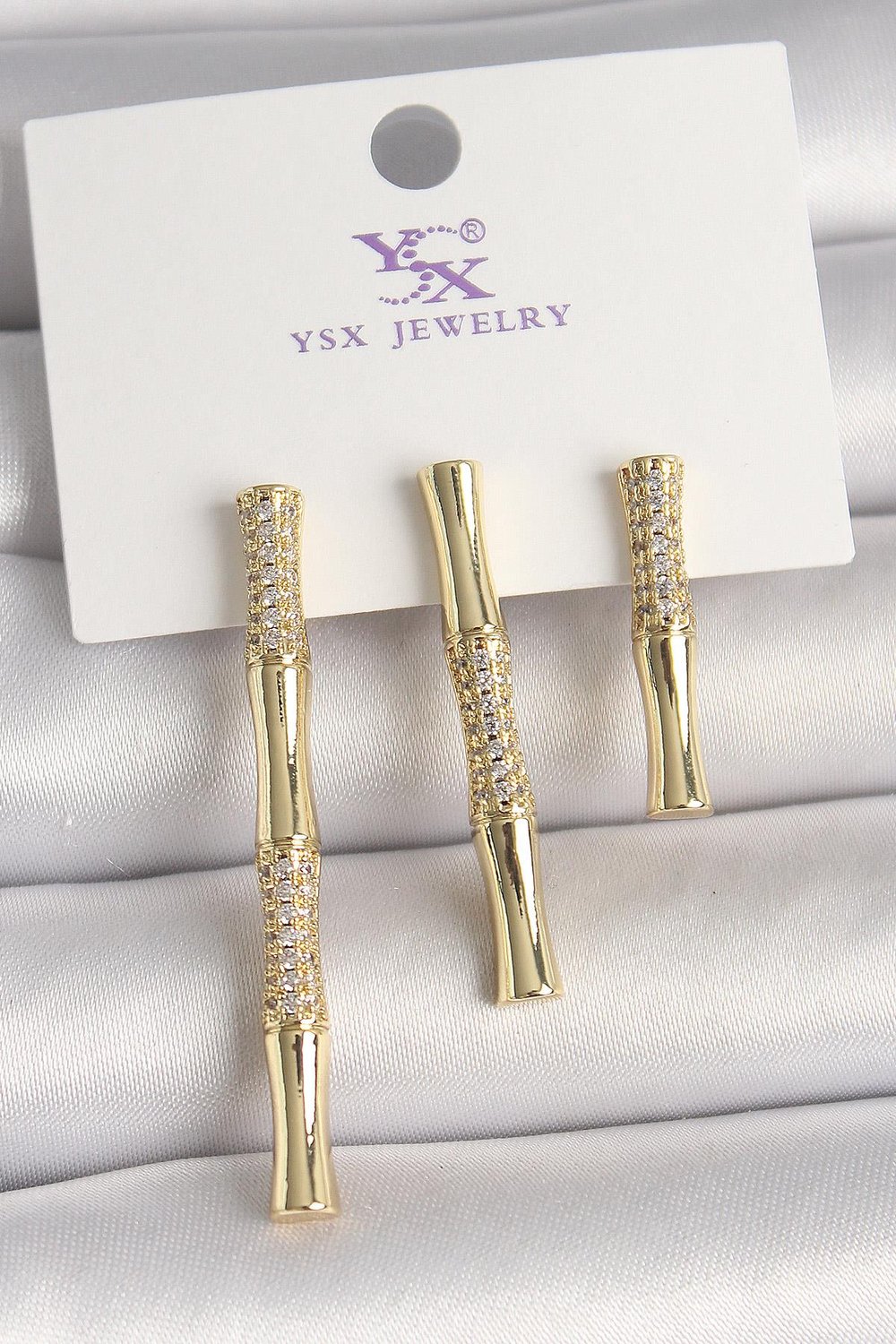 Pirinç Gold Renk Zirkon Taşlı Bambu Model 3Lü Kadın Kombin Küpe