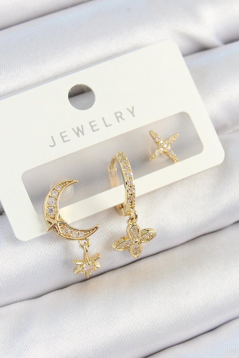 Pirinç Zirkon Taşlı Çiçek Ve Ay Model Gold Renk 3lü Çift Kadın Küpe Set