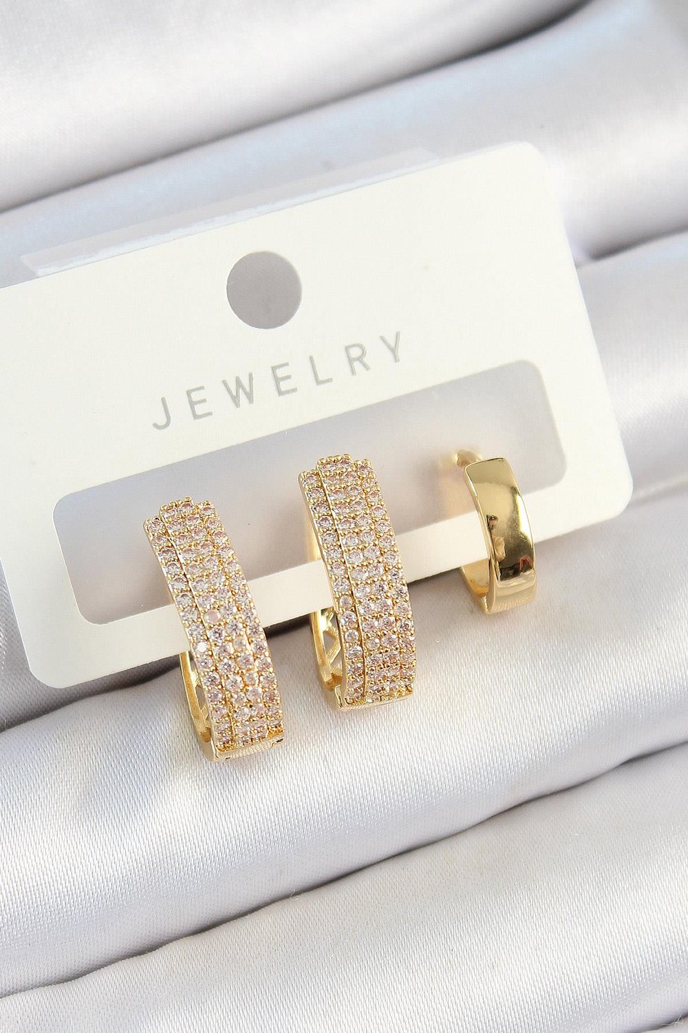 Pirinç Zirkon Taşlı Damla Model Gold Renk 3lü Çift Kadın Küpe Set