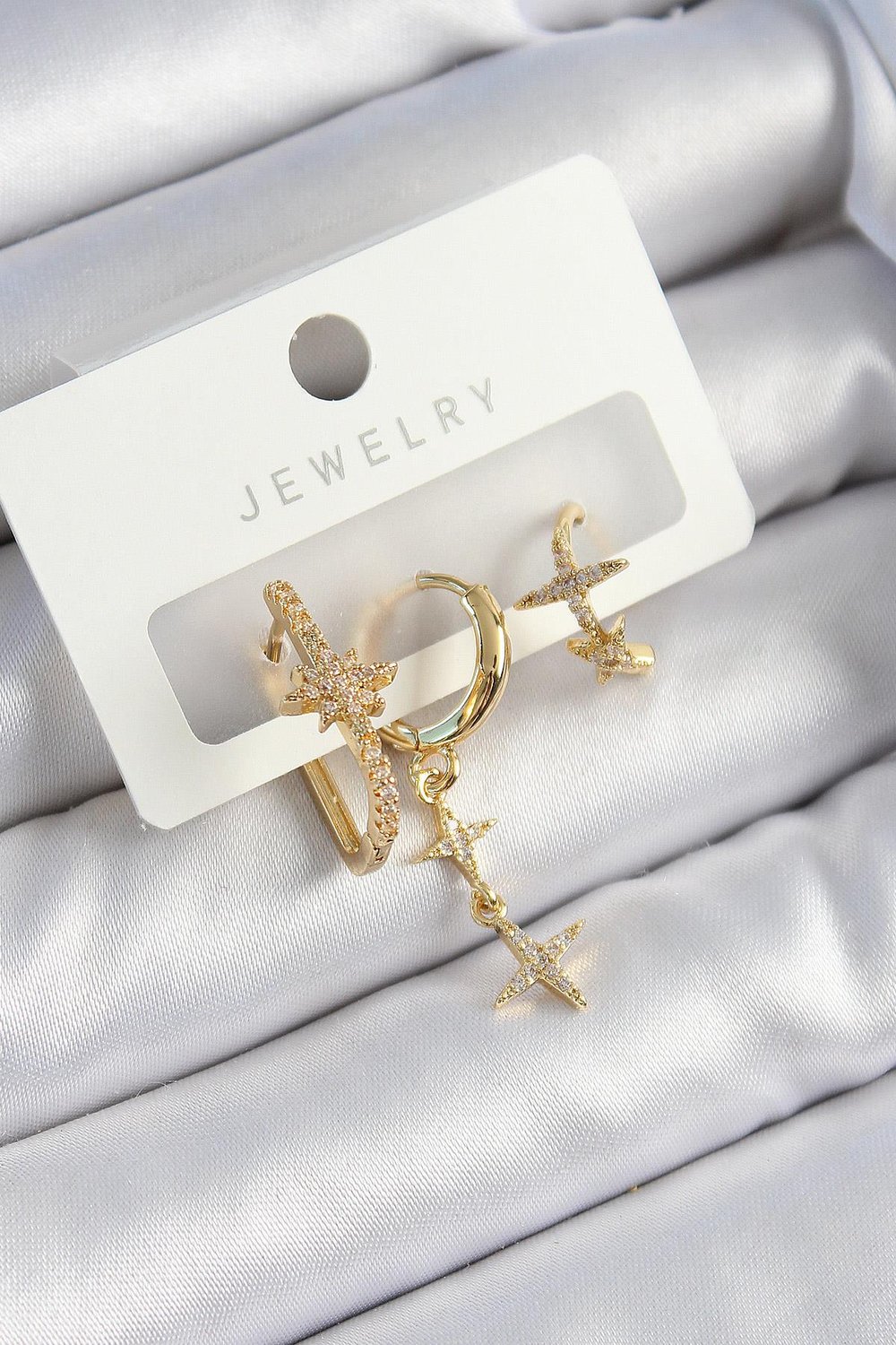 Pirinç Zirkon Taşlı Yıldız Model Gold Renk 3lü Çift Kadın Küpe Set