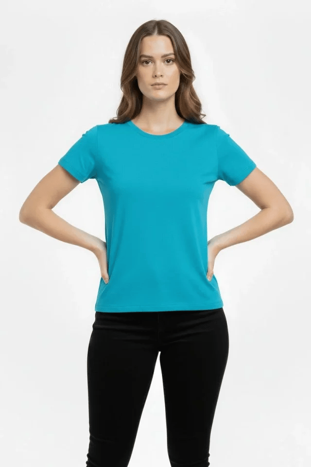 T-Shirt Bisiklet Yaka Slim Fit Likralı Tişört Günlük Basic Body - Turkuvaz