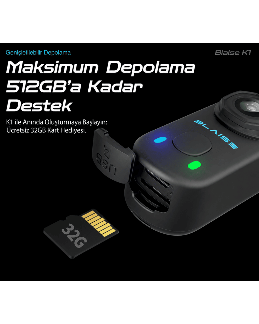 Blaise K1 4K Wi-Fi 32GB SD Kart Hediyeli Aksiyon Kamerası