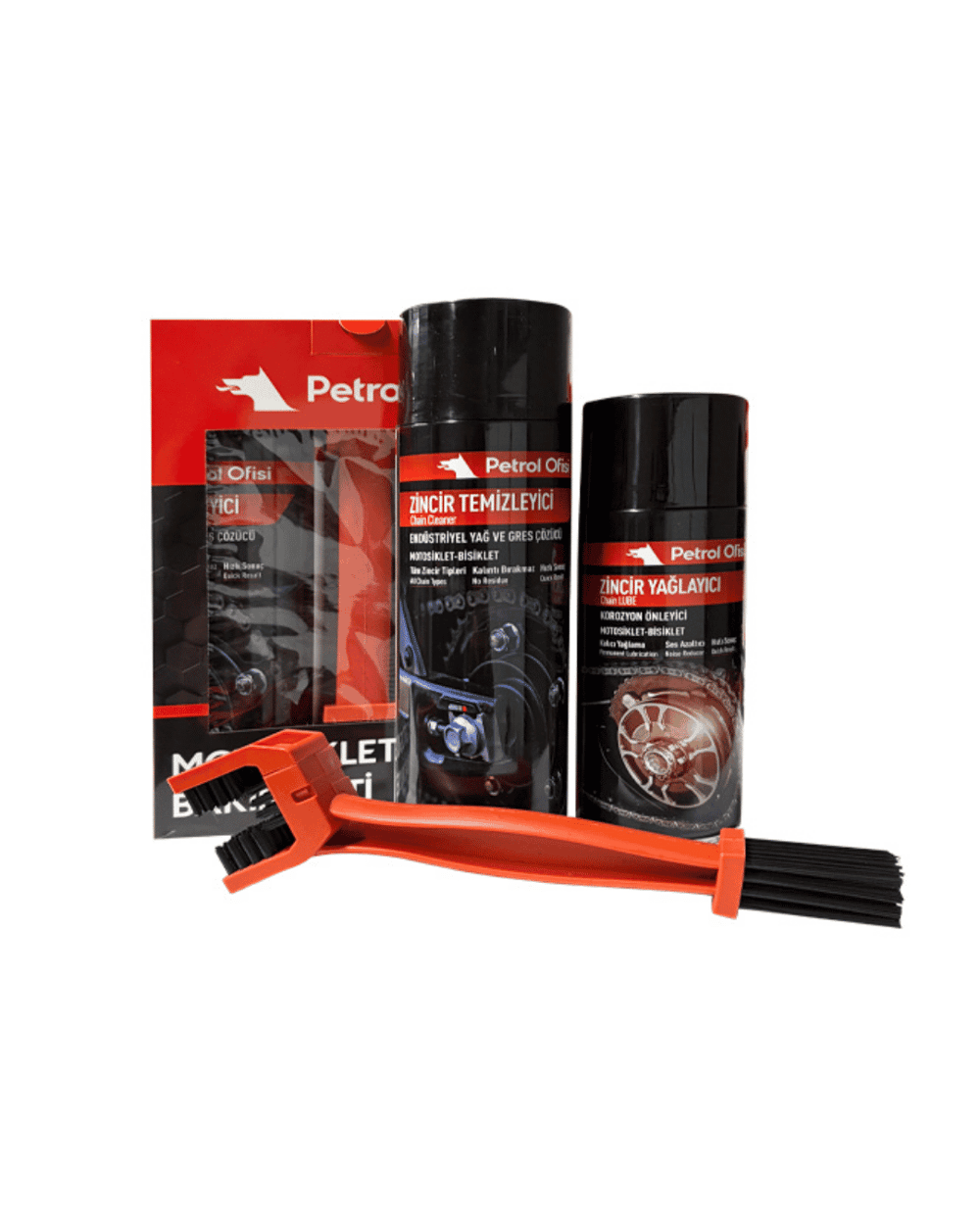 Petrol Ofisi Motosiklet Zincir Bakım Seti (Temizleme Spreyi + Zincir Yağı + Temizleme Fırçası) - Motodede