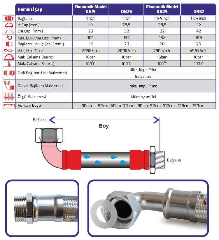 70 cm 16 Bar Dirsekli / Aluminyum Örgülü Flex Hortum Esnek Hidrofor Fleks Bağlantı Hortumu