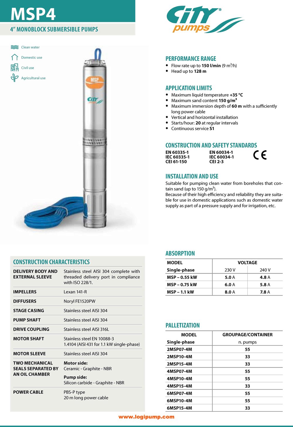  City Pumps 6MSP15-4M 4 İnç Dalgıç Pompa Kumlu Su Çekimi İçin 1.1 kW - 61 mSS