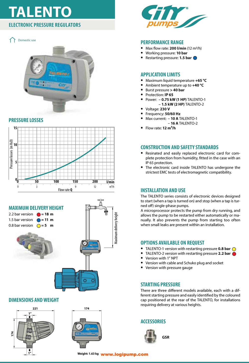  City Pumps TALENTO-1 HP Elektronik Basınç Şalteri Hidrofor Sistemleri İçin  kW -  mSS