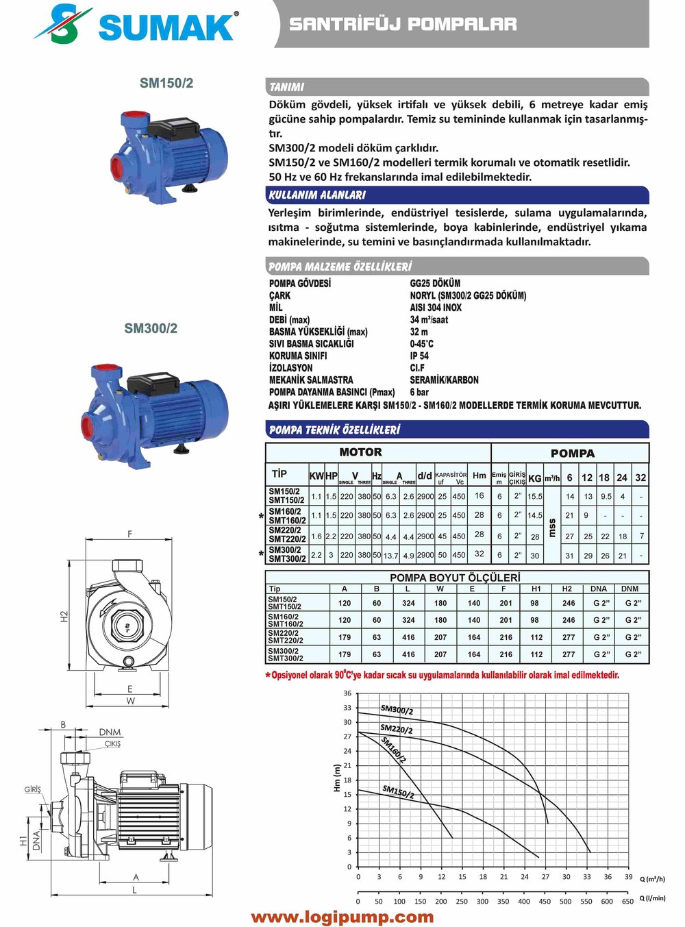 SUMAK SMT300/2 Döküm Çarklı Santrifüj Pompa | 2.2 kW - 380 V