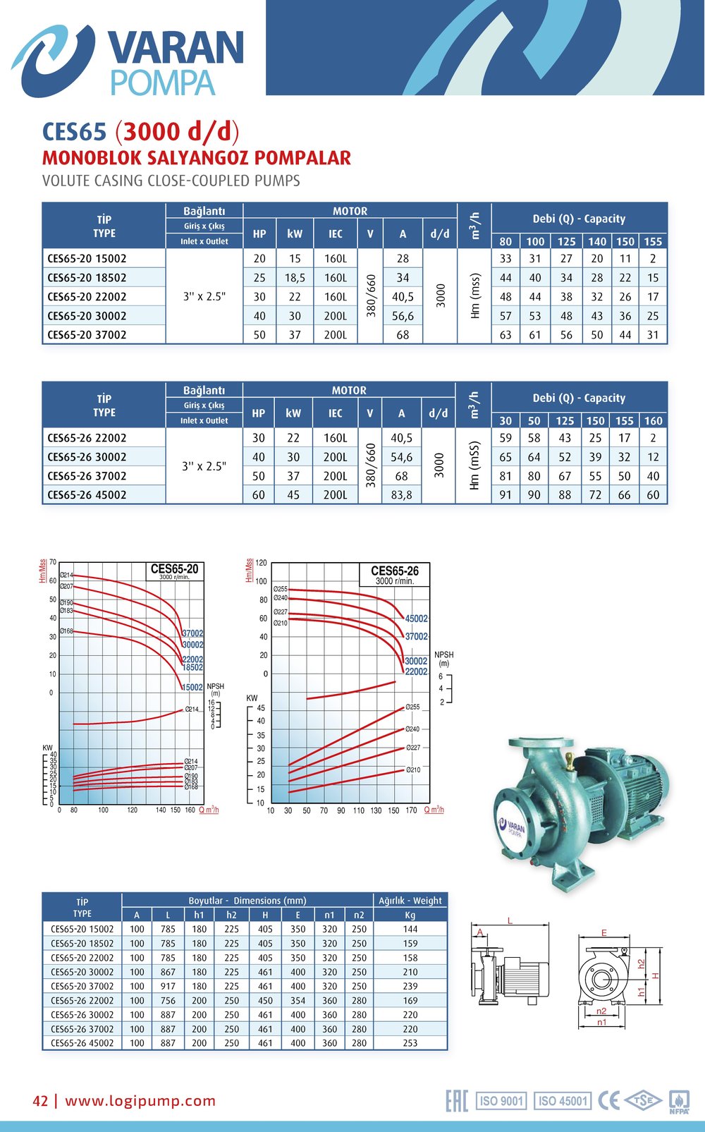 Varan CES 65-26-22002 Uçtan Emişli - Kapalı Kaplinli / EN 733 Yüksek Verimli Endüstriyel Santrifüj Pompa (30 HP / 22 kW) 59 mSS / 160 m3/h