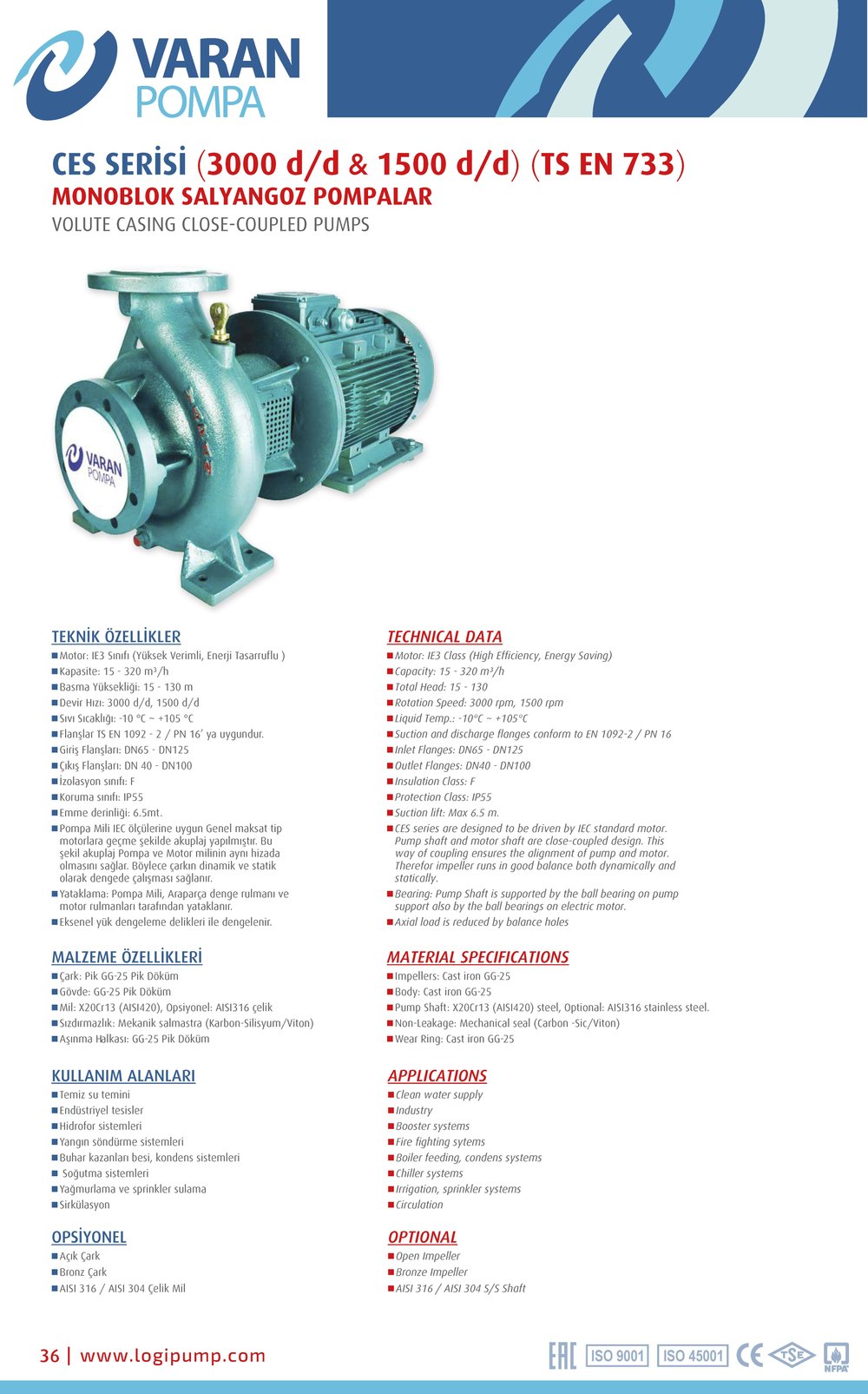 Varan CES 65-26-30002 Uçtan Emişli - Kapalı Kaplinli / EN 733 Yüksek Verimli Endüstriyel Santrifüj Pompa (40 HP / 30 kW) 65 mSS / 160 m3/h