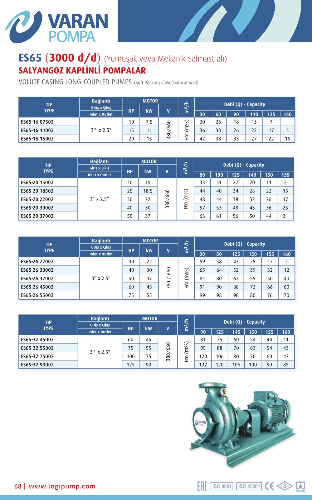 Varan ES 65-20-30002 Uçtan Emişli - Uzun Kaplinli / EN 733 Yüksek Verimli Endüstriyel Santrifüj Pompa (40 HP / 30 kW) 57 mSS / 155 m3/h