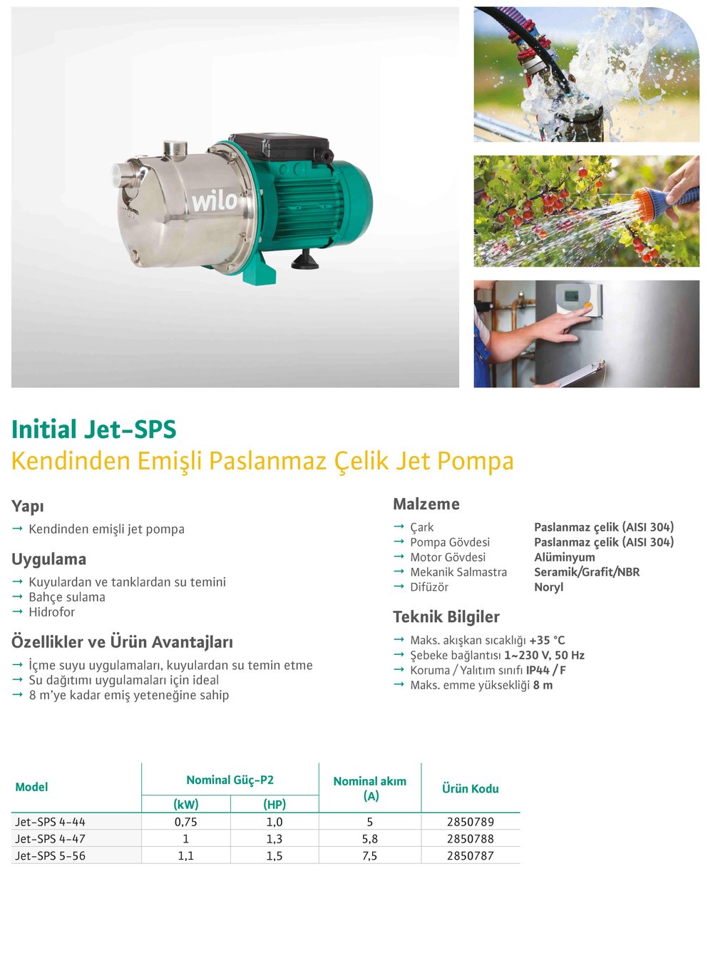 WİLO Jet-SPS 4-44 Kendinden Emişli Paslanmaz Çelik Jet Pompa 0,75 kW