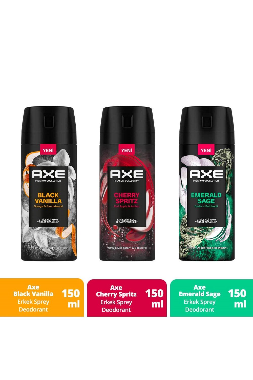 Axe Erkek Sprey Deodorant 3'lü Set :Cherry Spritz 150 ml+ Black Vanilla 150 ml+ Emerald Sage 150 ml