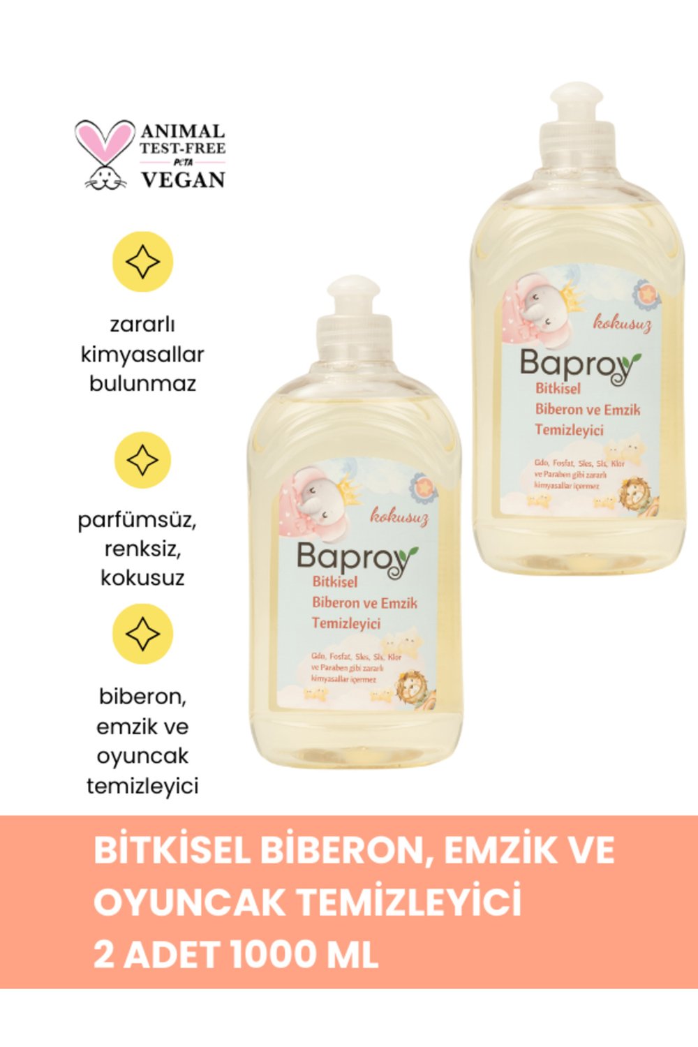 Baproy %100 Doğal Bebekler Için Bitkisel Biberon Emzik Temizleyicisi 500 ml * 2 Adet Toplam 1000ml