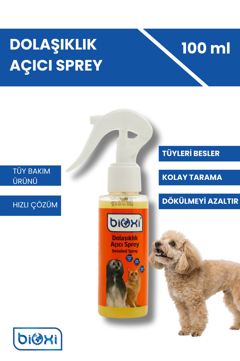 Bioxi Dolaşıklık, Önleyici, Kedi Kıtık Açıcı, Kolay Tarama, Kedi, Köpek Tüy Bakım Spreyi 100ml