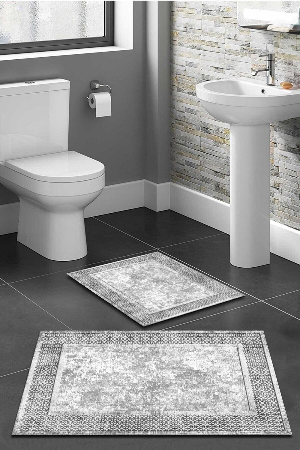 Etnik Desenli Gri 2'li Halı Takımı (60x100/40x60) - Wlly1146