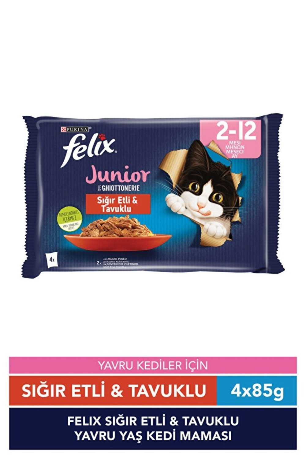 Felix Sığır Etli ve Tavuklu Yavru Yaş Kedi Maması 4 x 85gr