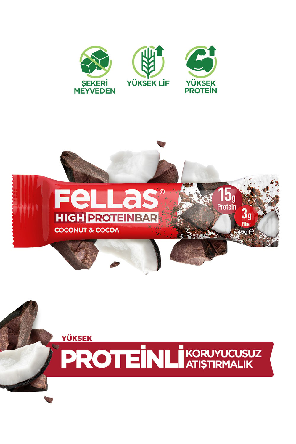 Fellas Yüksek Protein Bar - Hindistan Cevizli ve Kakaolu 45 gr x 12 Adet