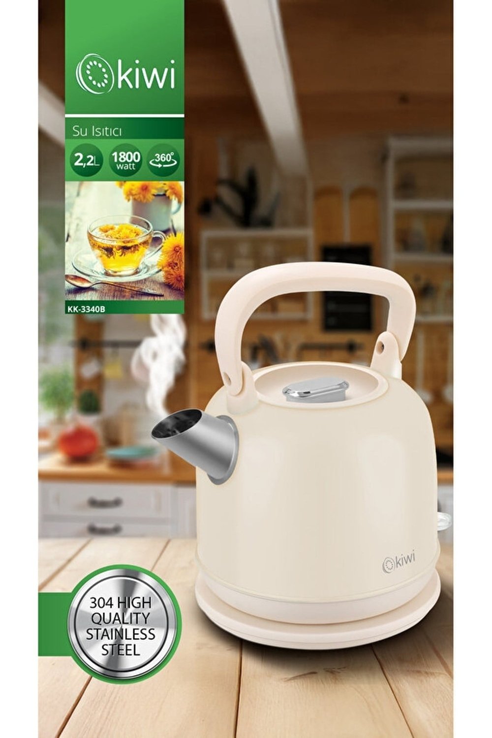 Kiwi Kk-3340 Paslanmaz Çelik Retro Su Isıtıcı Kettle Bej
