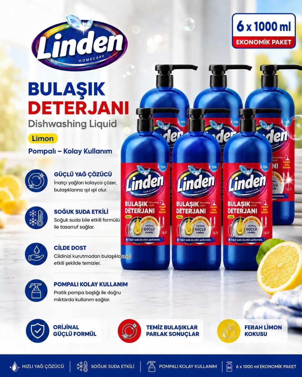 Linden Bulaşık Deterjanı 1000 ml Limon x6 Adet