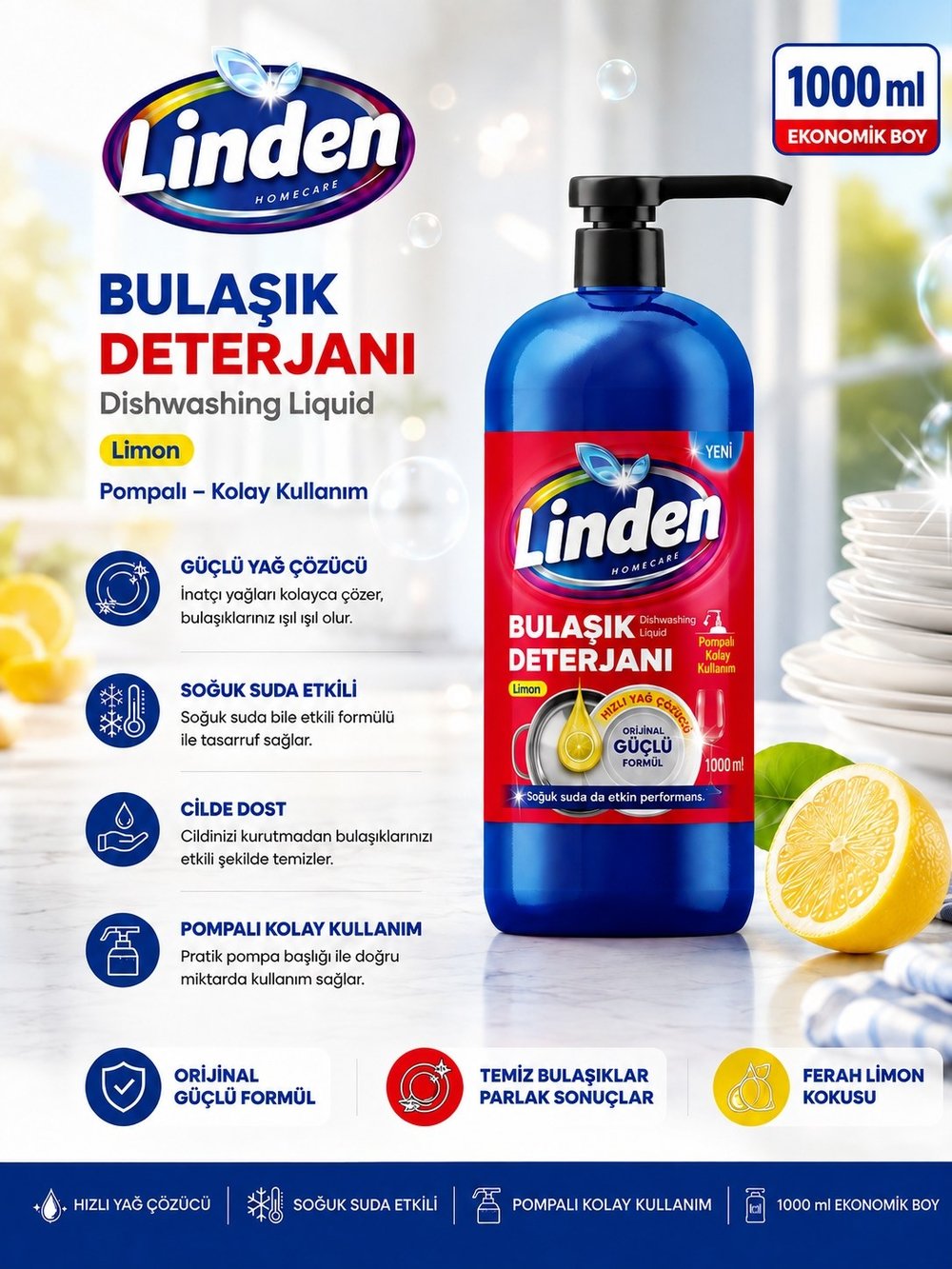 Linden Bulaşık Deterjanı 1000 ml Limon 