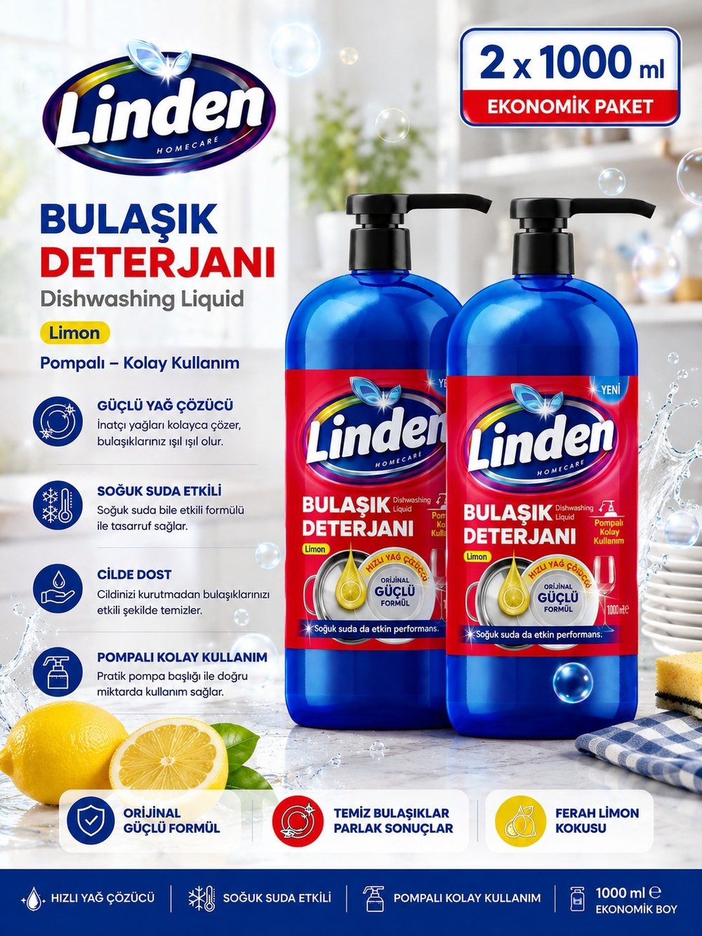 Linden Bulaşık Deterjanı 1000 ml Limon x2 Adet