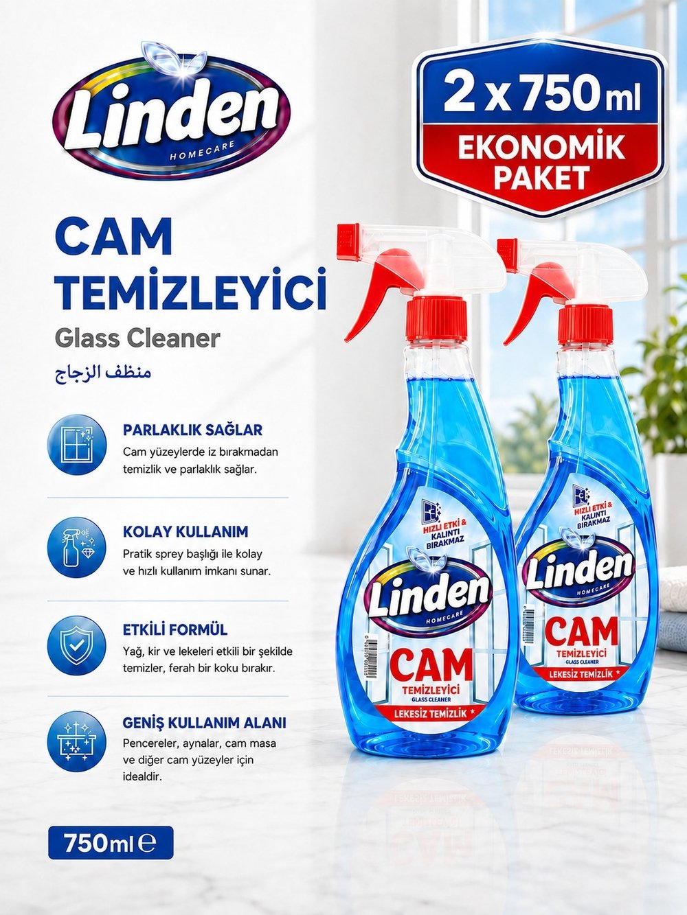 Linden Cam Yüzey Temizleyici 750 ml  Sprey x2 Adet