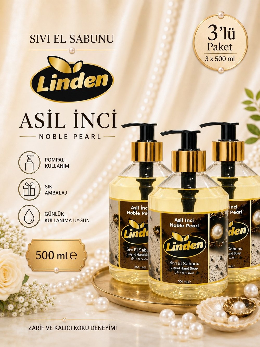 Linden Sıvı El Sabunu Asil İnci 500 ml Nobel Pearl x3 Adet