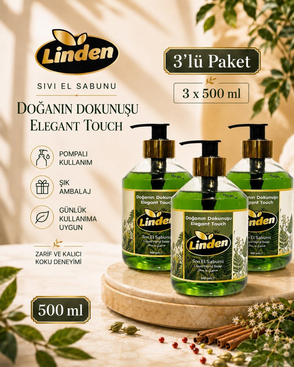 Linden Sıvı El Sabunu Doğanın Dokunuşu 500 ml Elegant Touch x3 Adet