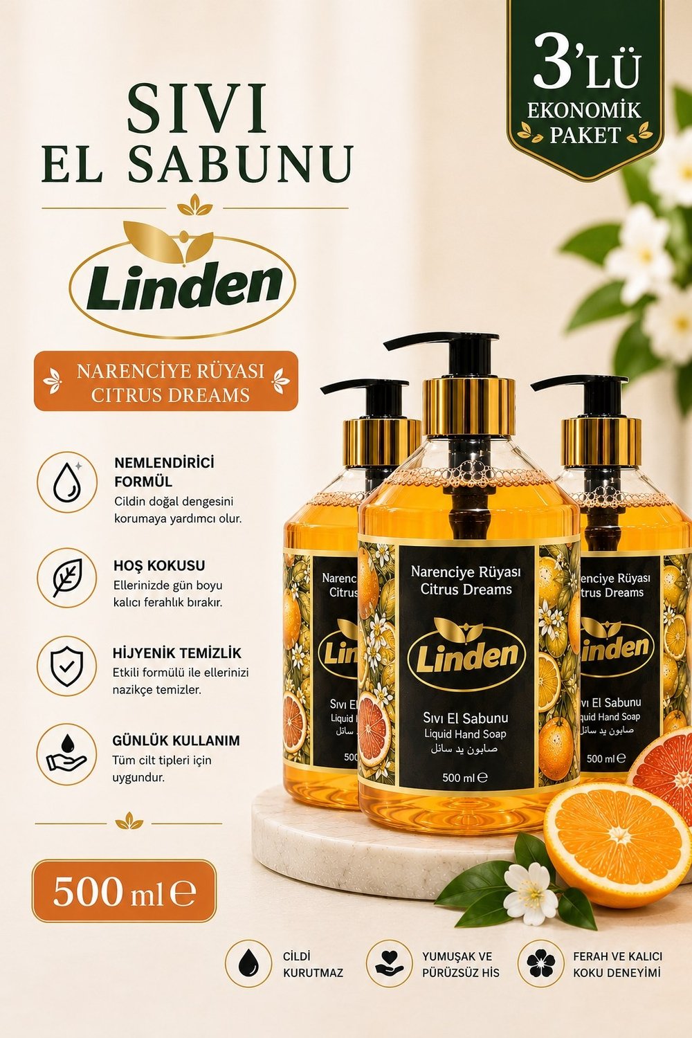Linden Sıvı El Sabunu Narenciye Rüyası 500 ml  Citrus Dream x3 Adet