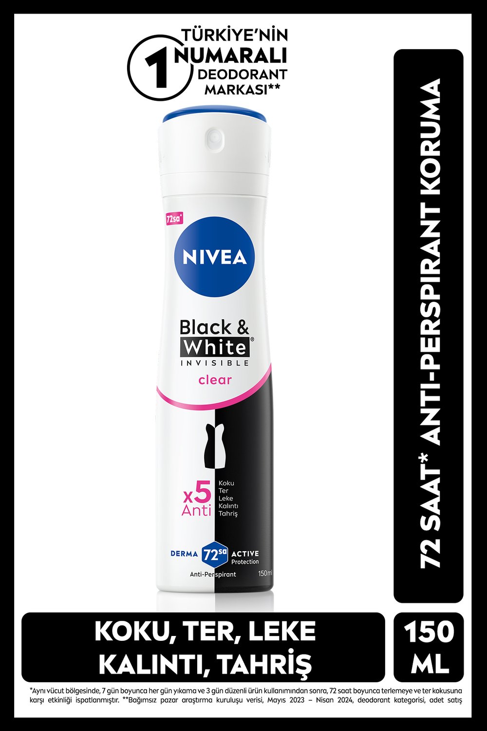 Nıvea Kadın Sprey Deodorant Black&White Invisible Clear 150ml, 72 Saat Anti-perspirant Ter Koruması