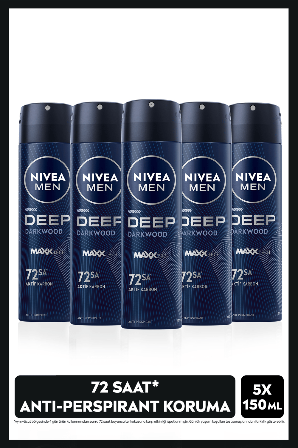 NIVEA MEN Erkek Sprey Deodorant Deep Dimension Aktif Karbon 150ml, 72 Saat Anti-perspirant Koruma, X5 Adet