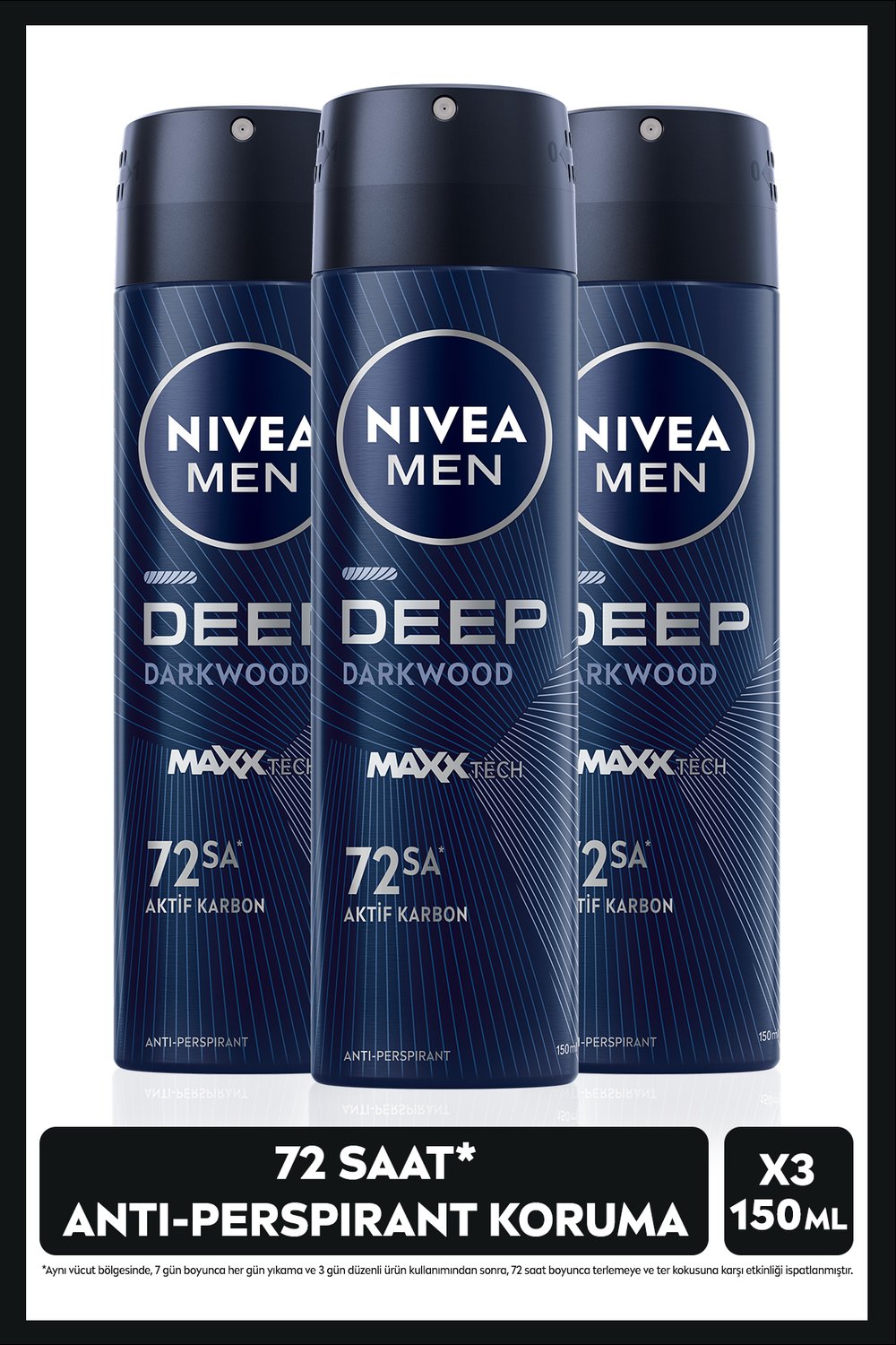 NIVEA MEN Erkek Sprey Deodorant Deep Dimension Aktif Karbon 150ml, 72 Saat Anti-perspirant Koruma, X3 Adet