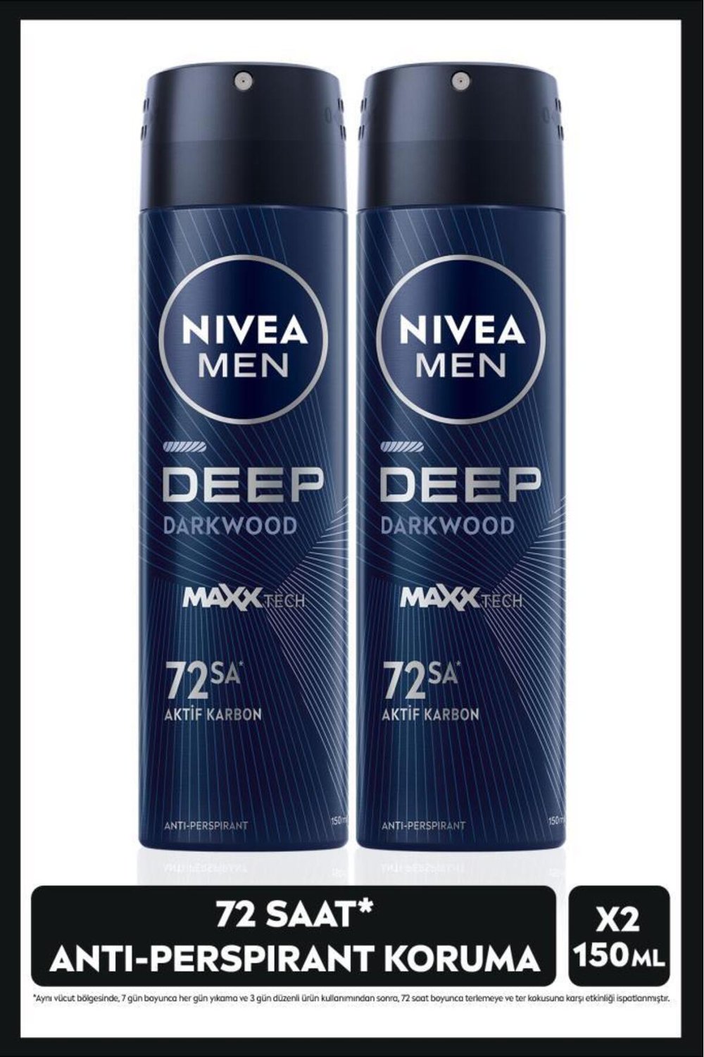 NIVEA MEN Erkek Sprey Deodorant Deep Dimension Aktif Karbon 150ml, 72 Saat Anti-perspirant Koruma, X2 Adet