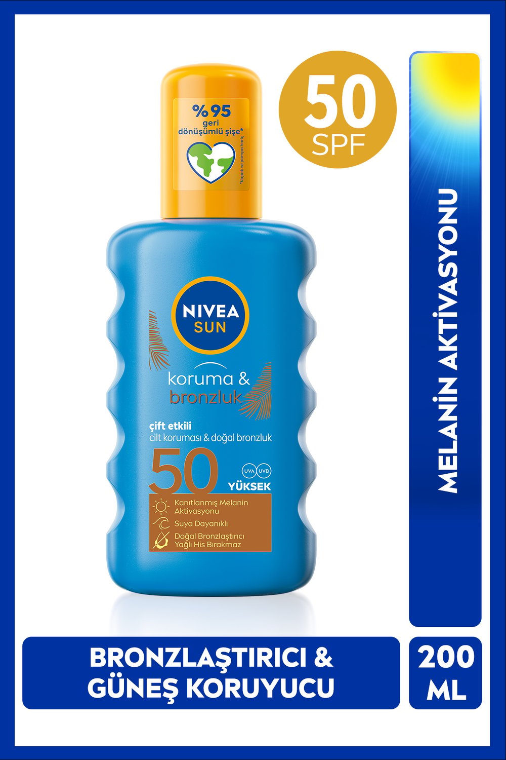 Nıvea SUN SPF50 Çift Etkili Yüksek Koruyucu Bronzluk Vücut Güneş Spreyi 200ml, Doğal Bronzluk, UVA Koruma