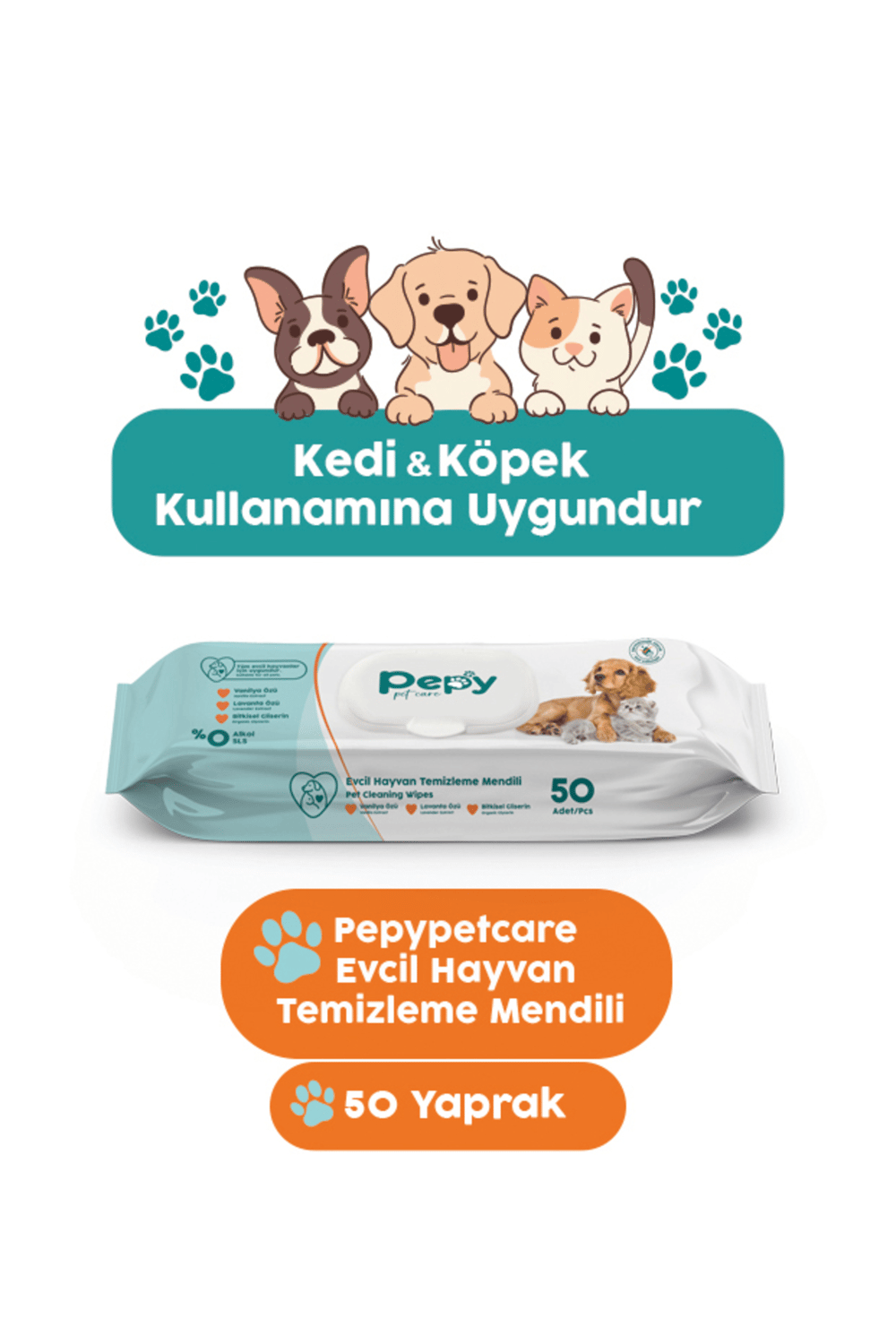 Pepy Kedi Ve Köpek Kullanımına Uygun Evcil Hayvan Temizleme Mendili 50'li