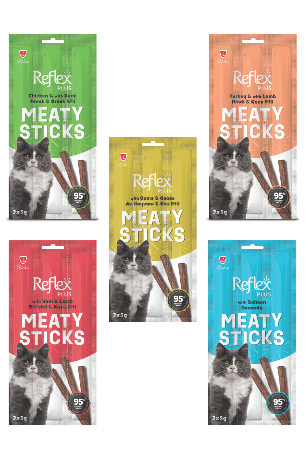 Reflex 5 Paket (5gr) Stick Kedi Ödül Maması 5 Farklı Lezzet Kedi Ödül Çubuğu Set