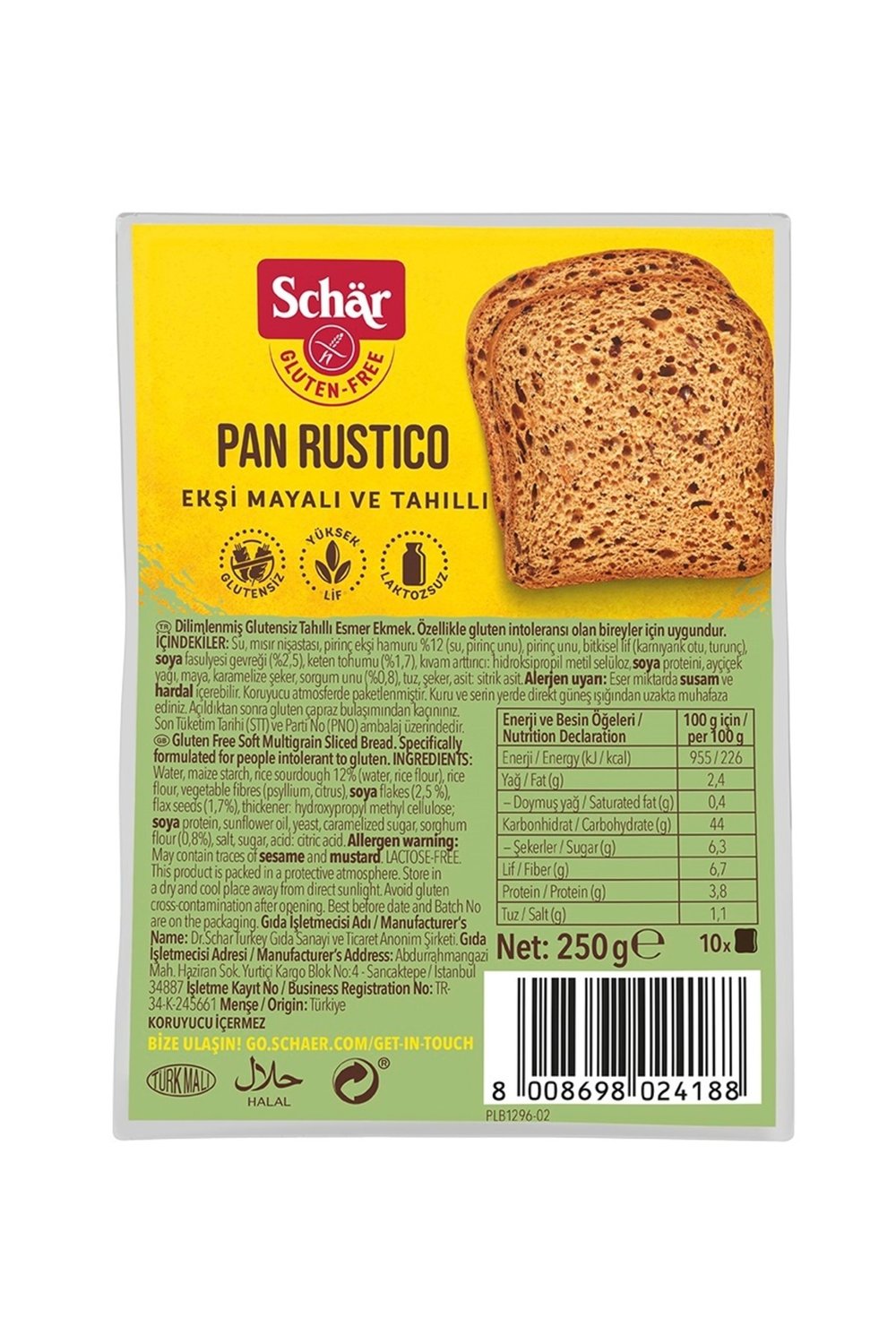 Schar Rustico Glutensiz Ekşi Mayalı ve Tahıllı Ekmek 250 gr (8 ADET)