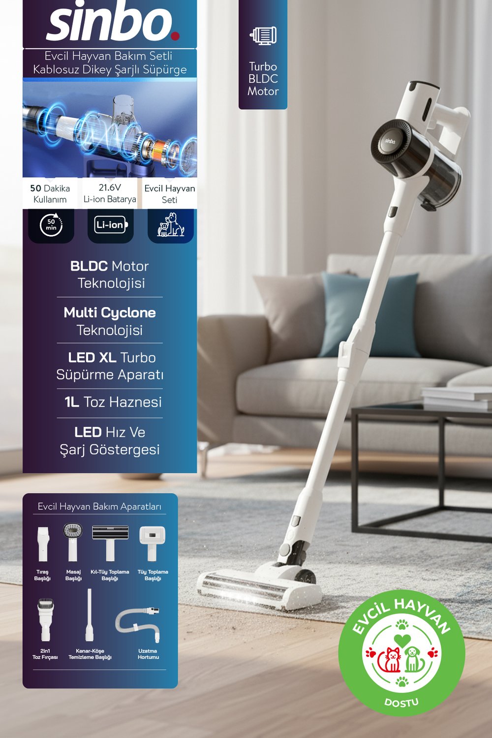 Sinbo SVC-8634 Kablosuz Dikey Süpürge Beyaz – Evcil Hayvan Tüyleri İçin Güçlü Multi Cyclone