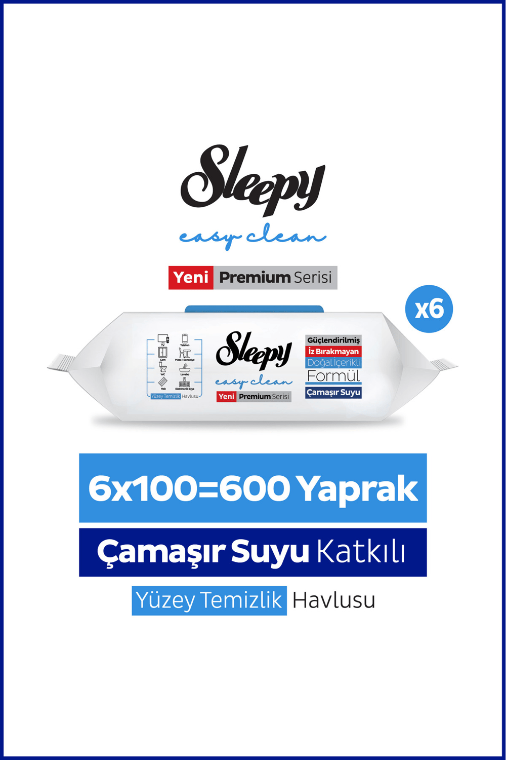 Sleepy Yüzey Temizlik Havlusu Çamaşır Suyu (Mavi) 100 Yaprak x6 Adet