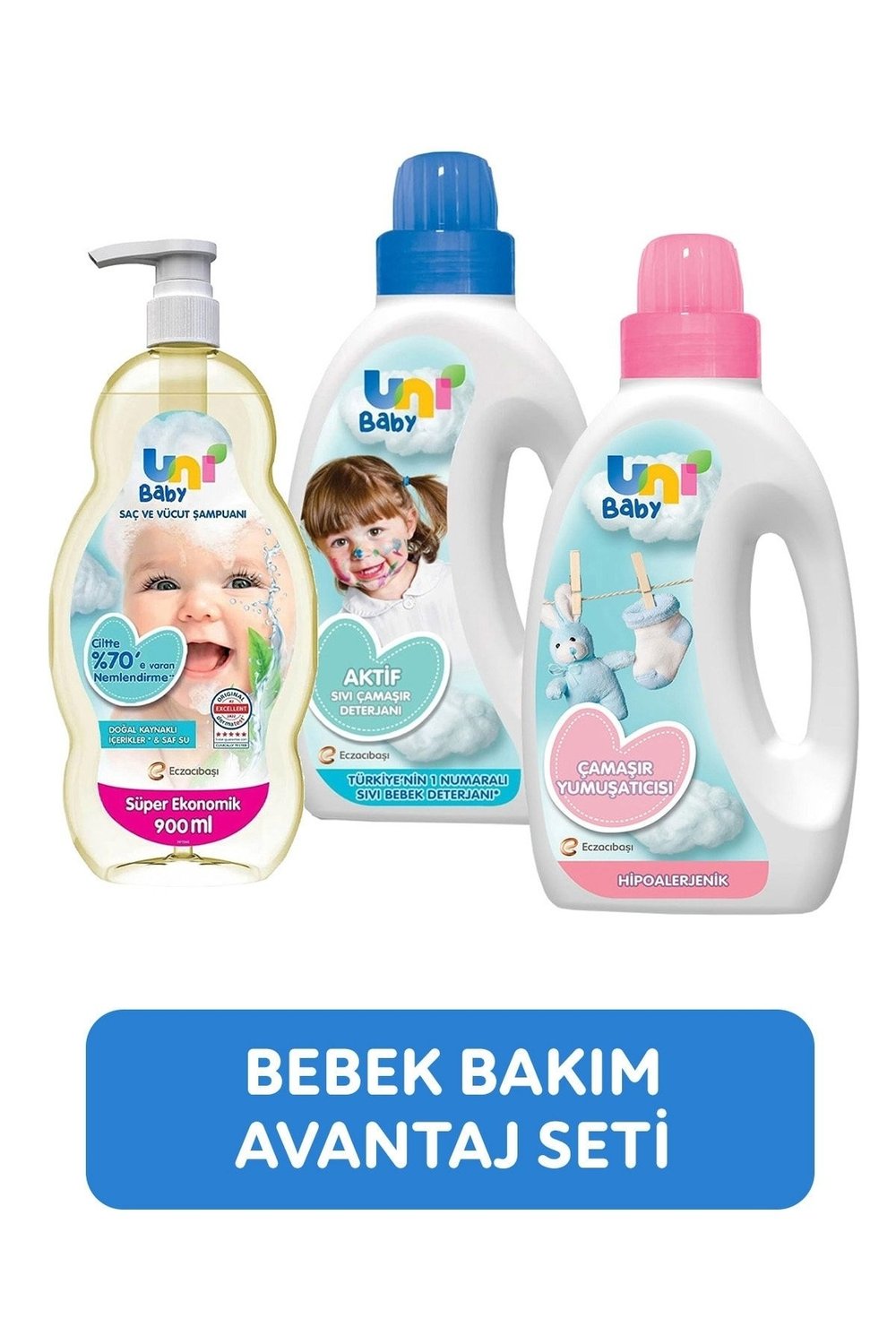Uni Baby Çamaşır Deterjanı 1500 ml + Uni Baby Yumuşatıcı 1500 ml + Uni Baby Saç Ve Vücut Şampuanı 900 ml