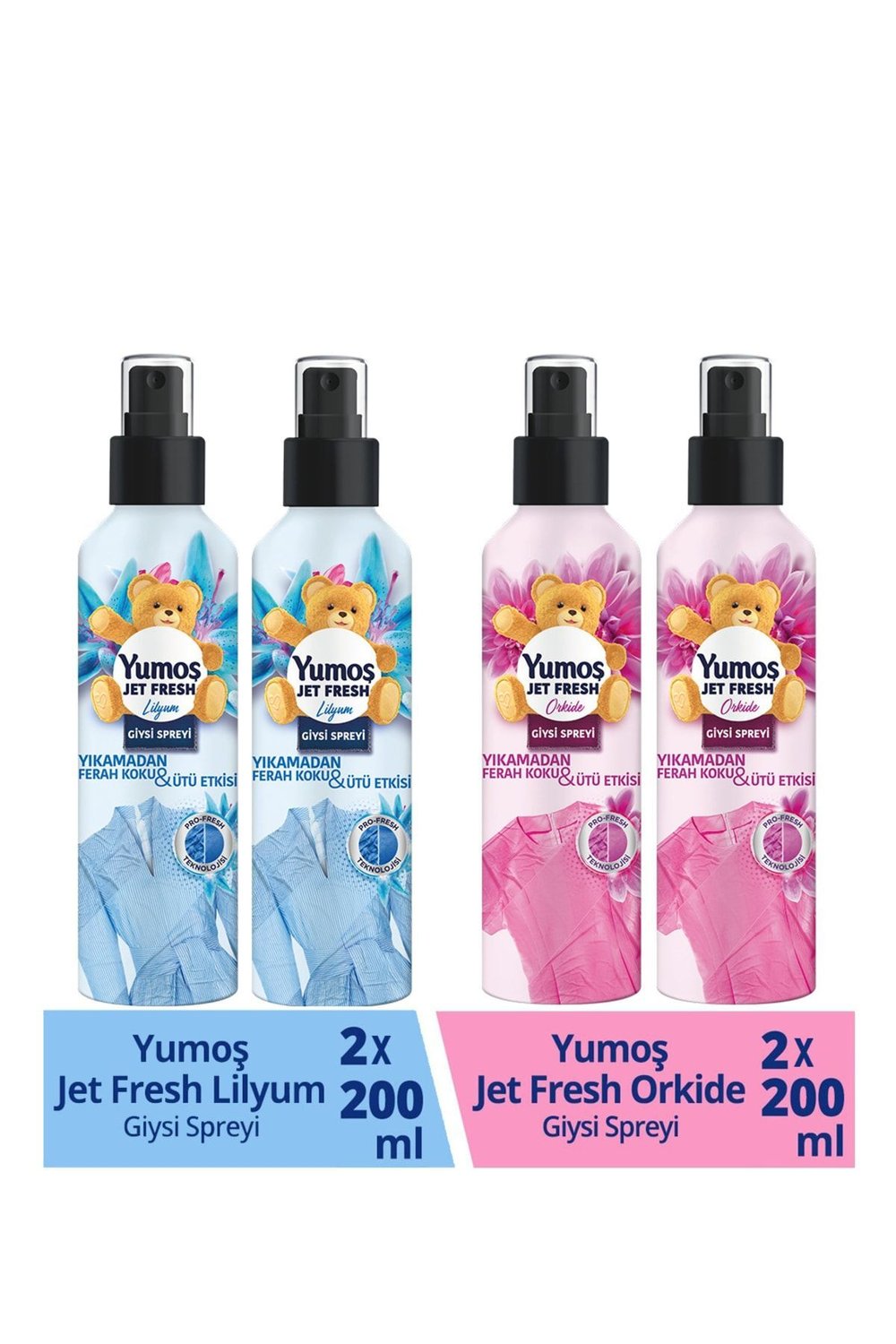 Yumoş Jet Fresh Giysi Spreyi Lilyum 200 ml x2 Adet + Yumoş Jet Fresh Giysi Spreyi Orkide 200 ml x2 Adet